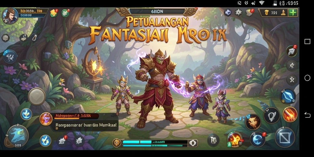 Screenshot gameplay RPG yang menampilkan pertempuran epik dan karakter heroik.