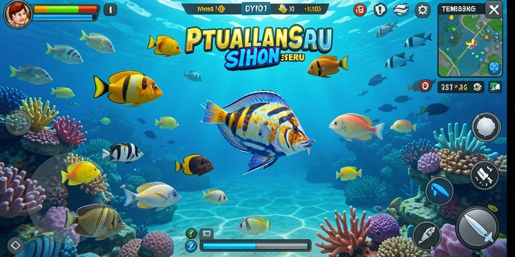 Screenshot gameplay DYO1 menampilkan berbagai jenis ikan yang menarik untuk ditembak.