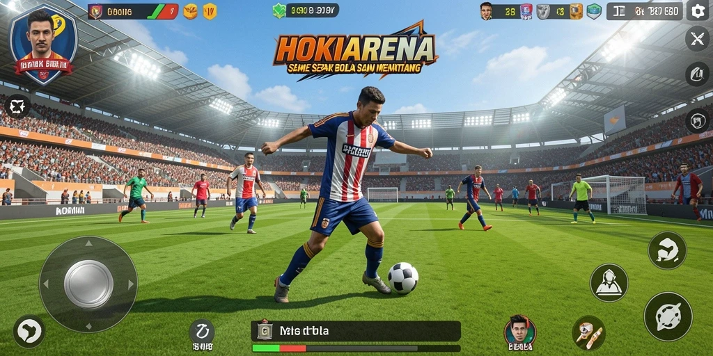 Screenshot gameplay HOKIARENA yang menampilkan aksi di lapangan sepak bola.