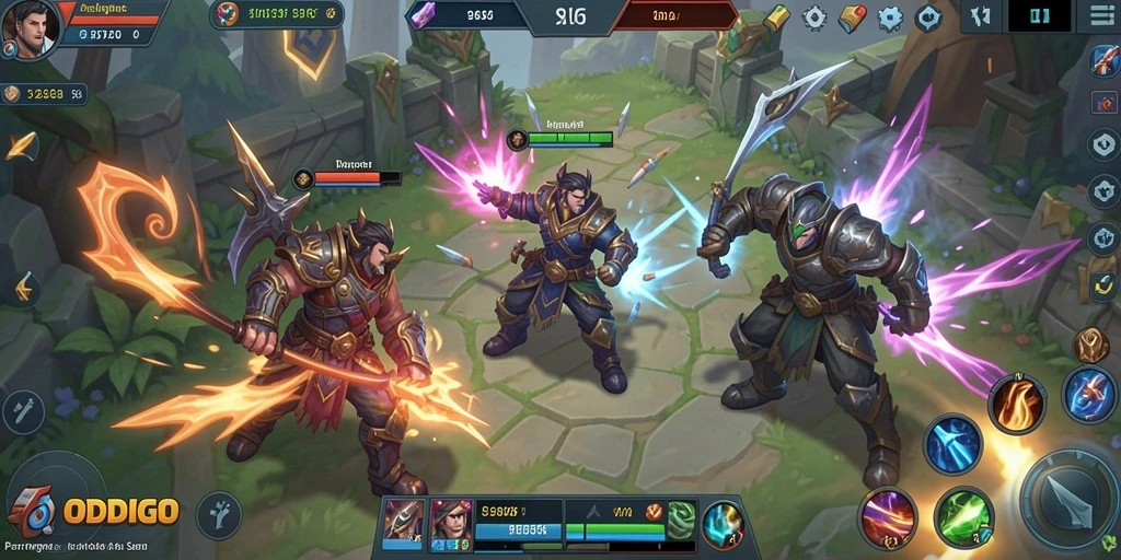 Screenshot ODDIGO menampilkan aksi seru pertempuran antar hero MOBA.