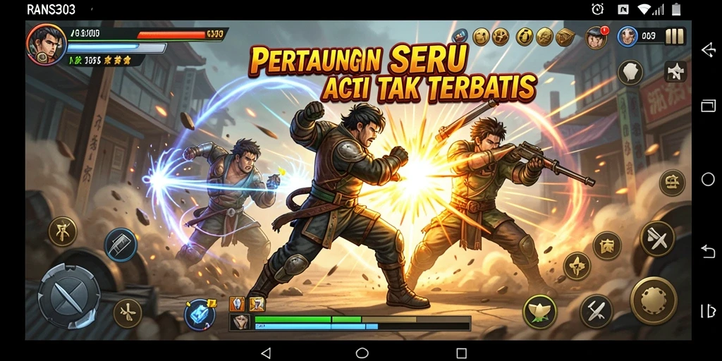 Screenshot menunjukkan pertarungan intens dalam RANS303 dengan grafis yang menakjubkan.