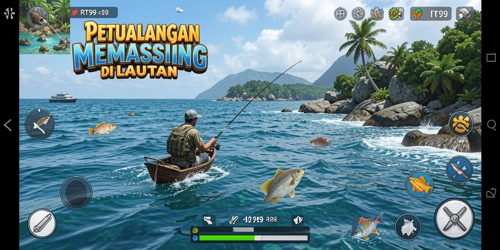 Screenshot gameplay RT99 menunjukkan pengalaman memancing yang mendalam.
