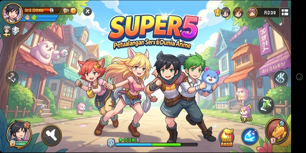 Screenshot SUPER5 menampilkan pertarungan karakter anime yang seru dan dinamis.